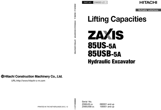 Product picture Hitachi Lifting Capacities Zaxis 85US-5 85USB-5