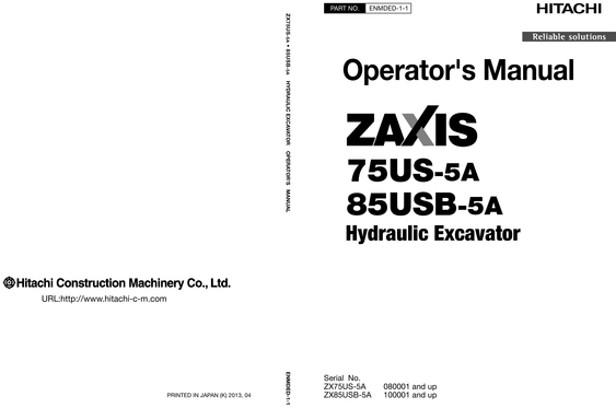 Product picture Hitachi Zaxis Zx75US-5A 75USB-5A Operators manual